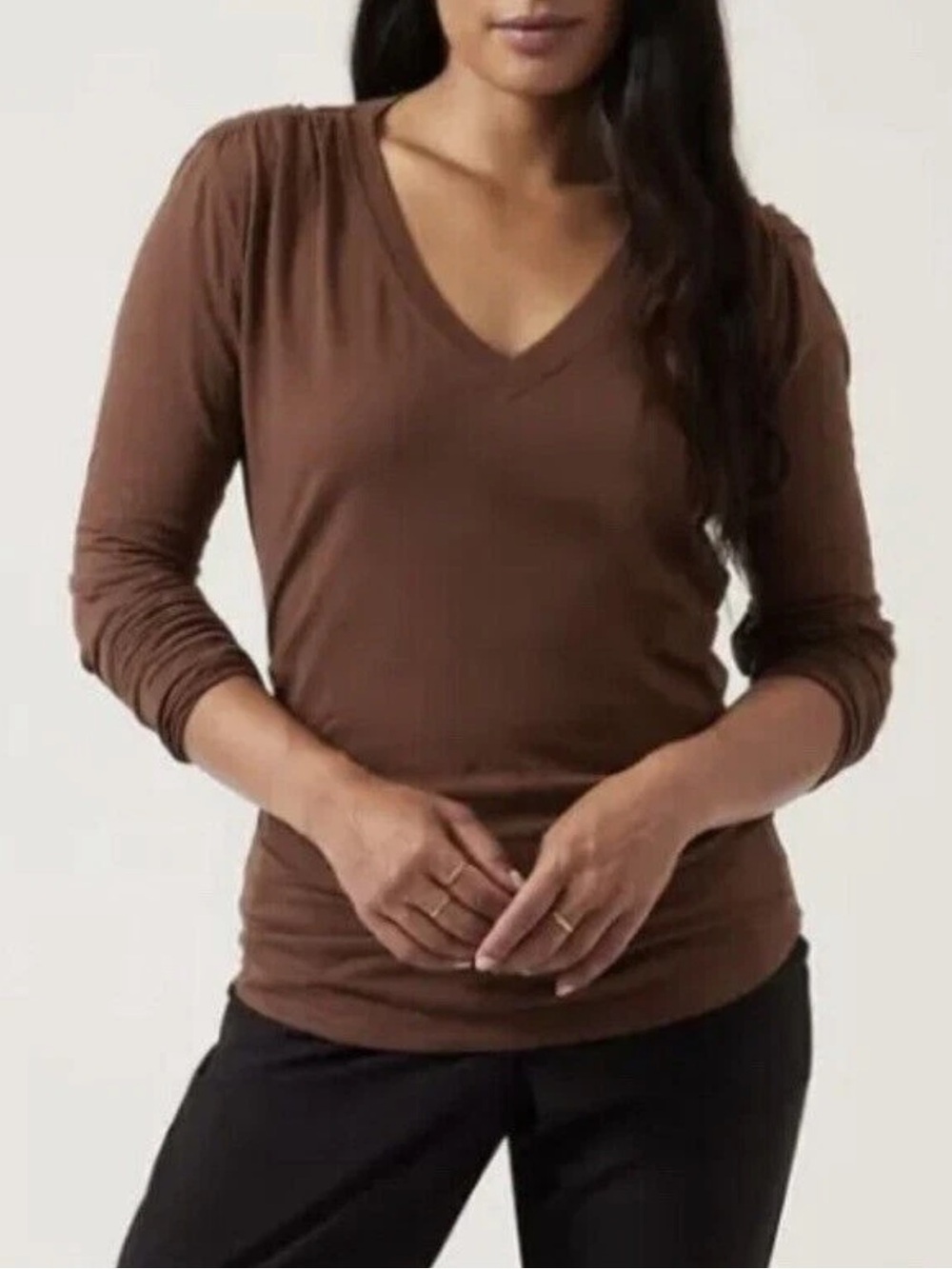Athleta Outbound V Neck Long Sleeve Shirt SZ 1X Chocolate Brown #882374
